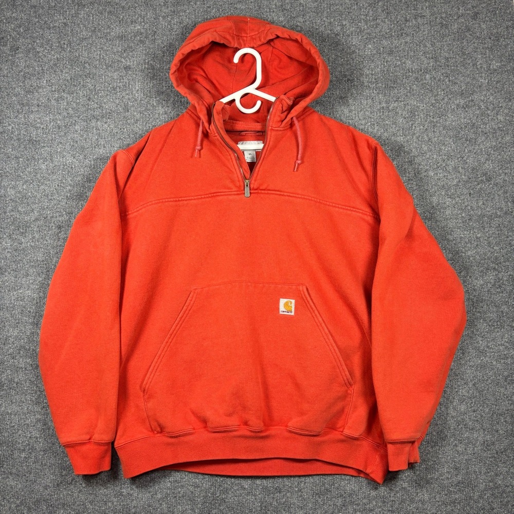 Y2K Carhartt Hoodie Mens XL Orange 1/4 Zip Pullover Heavyweight Workwear Logo